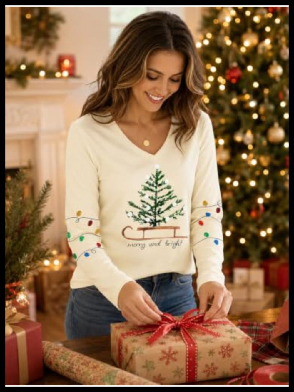 Christmas Tree Shirt Womens Long Sleeve Crew Neck Holiday Tee - Picture 2 of 5